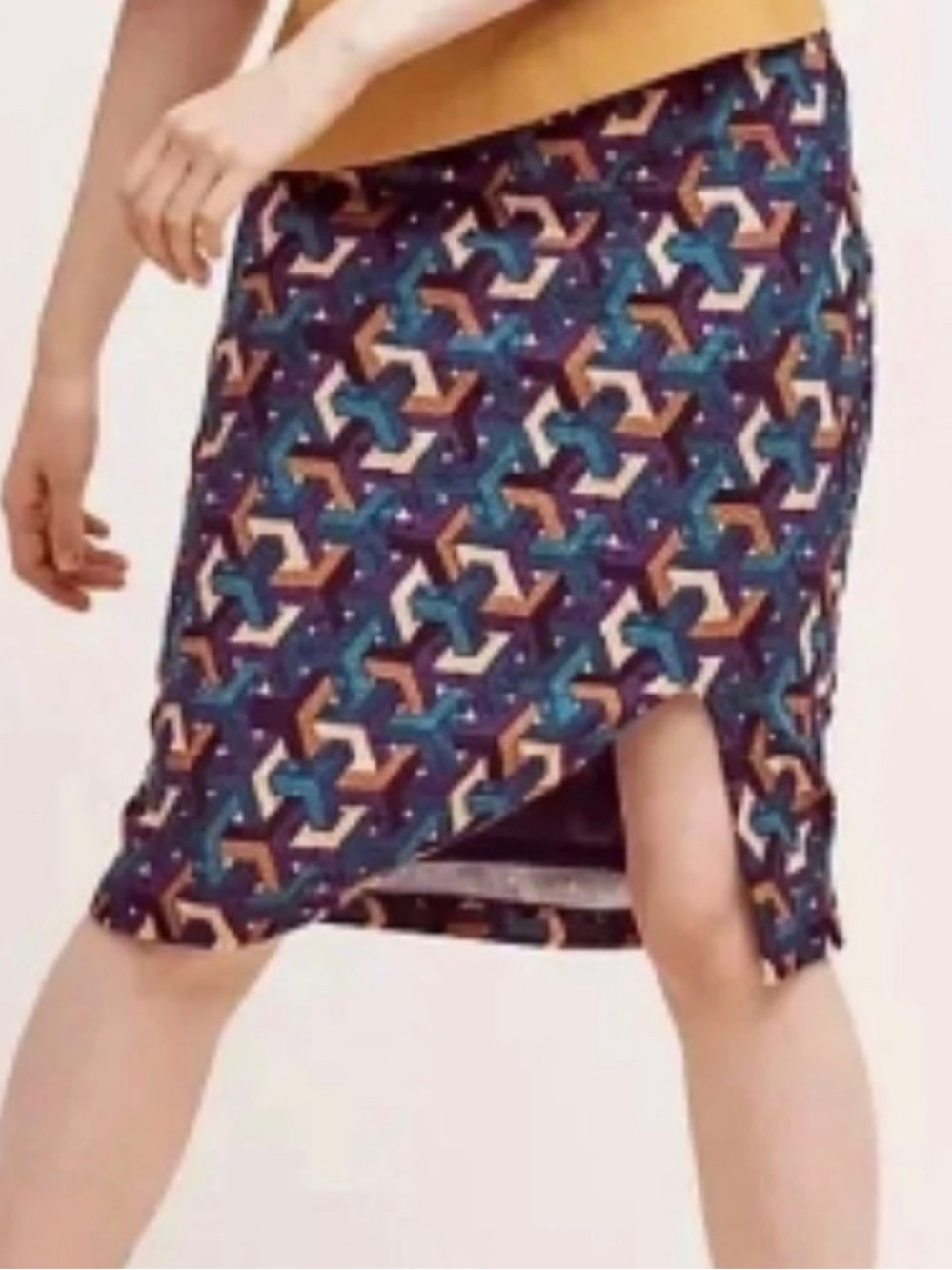 Maeve Geometric Midi pencil Skirt with slit in Navy, Teal, and Tan size medium
